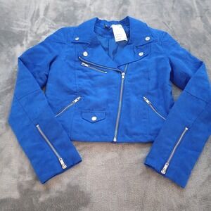 H&M Divided Faux Suede Leather Moto Jacket Coat Womens Size 6 Royal Blue Biker